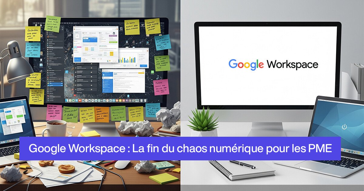 chaos-numerique-vs-serenite-numerique-pme Illustration montrant le contraste entre un bureau désordonné avec des post-its et des notifications (avant) et un espace de travail clair et organisé (après Google Workspace)