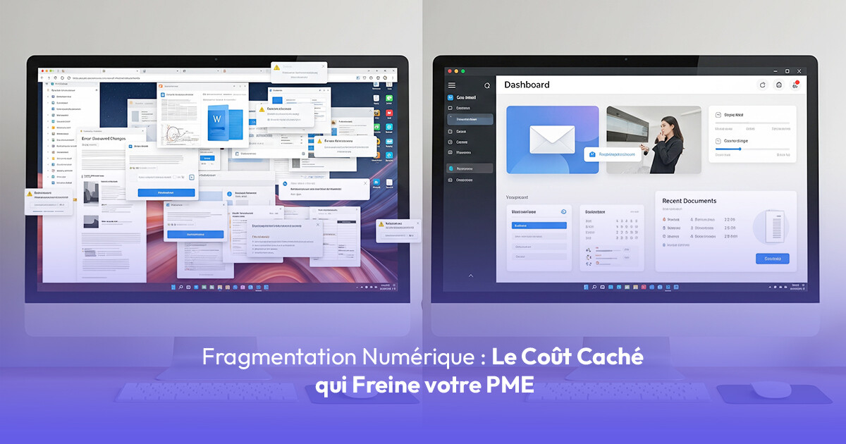 fragmentation-numerique-pme-chaos-vs-solution-integree-2025 Schéma illustrant le chaos de la fragmentation numérique pour une PME avec des outils déconnectés, comparé à la sérénité d'une solution intégrée comme Google Workspace.